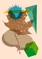 Poster - Risograph Autumn Leaf with speech bubble with geometric shapes. Objects in trendy riso graph print texture style design with geometry elements.