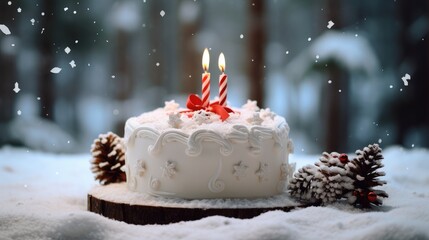 Poster - A white birthday cake on a decorated Christmas tree with lots of snow.