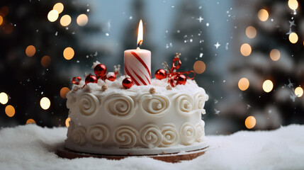 Poster - A white birthday cake on a decorated Christmas tree with lots of snow.