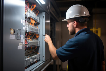 Aufkleber - Electrician marking down things on a noteboard as a part of a scheduled maintenance work, Standing behind an electric panel.