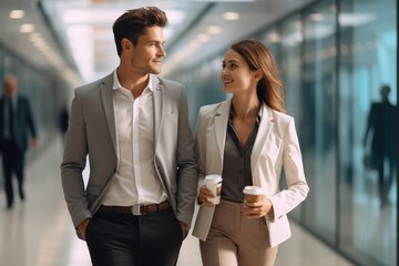 Poster - Two young colleagues walking in a well lit modern office corridor.