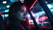captivating young woman in a futuristic car, blinding lights. stunning visual, atmospheric with a haunting color palette and a blend of tension and suspense. generative AI
