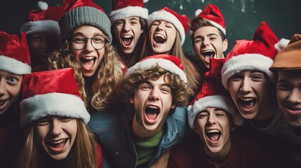 Wall Mural - Happy teenagers wearing Santa Claus hat celebrating Christmas night together. Group of young people having new year party outside. Winter holidays concept