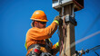 Electrician lineman repairman worker at climbing work on electric post power pole