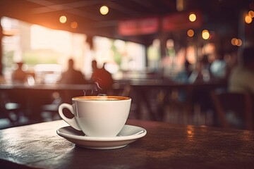 Wall Mural - Vintage espresso delight. Enjoying rich cup of caffeine in cozy cafe setting with old world charm warm wooden table background and artful foam accents