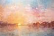Hand painted vintage wallpaper, sunset scene surface material texture