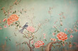 Classic hand painted wall paper with floral scene and single bird, naturalist style for interior surface material texture