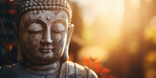 Mindful Background With Peaceful Buddha Statue Meditating In The Sunrise