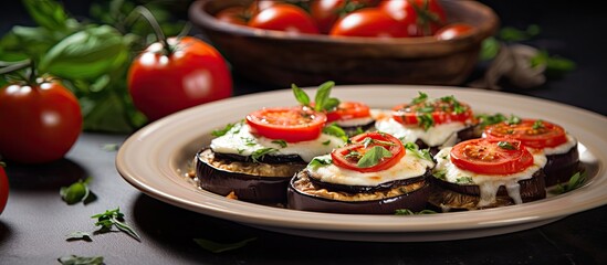 Poster - Healthy vegetarian Italian dish made with baked eggplant, mozzarella, and tomatoes.