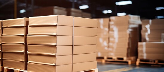 Wall Mural - Package boxes with plastic film are stacked on pallets with L-shape cardboard angle protectors in a storage and shipping warehouse.