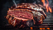 Close-up shot of a deliciously looking meat on a grill, subtle vignette lighting, white smoke and flames forming as background.