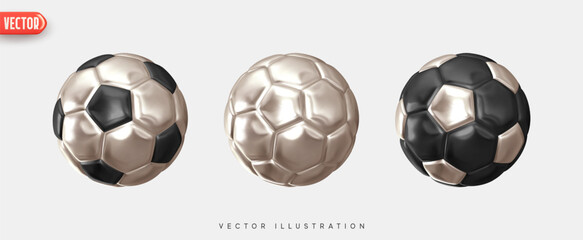 Poster - Soccer ball. Football balls Set realistic 3d design style. Leather texture silver and black color. Mockup of sports elements isolated on white background. vector illustration