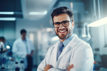 Sticker - young man scientist wearing white coat and glasses  with team of specialists on background