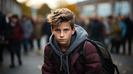 Boy is an outcast at school, the theme of loneliness. School bullying problems