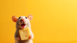 White rat holding a piece of cheese on a yellow background.
