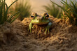 a frog is hiding in the sand