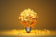 Light bulb made of yellow scrap paper ball, creative thinking concept