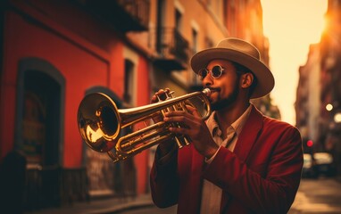 A trumpet player in a hat and playing a trumpet in a street