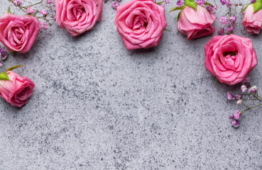 Wall Mural - Valentine's Day card. Pink roses and gypsophila flowers