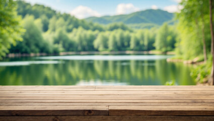  Empty wooden table top with blurred background of lake forest. There are trees in the green background.