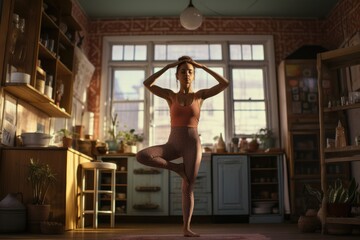 Sticker - Beautiful young woman practicing yoga at home. Yoga asana, A woman does yoga at home, AI Generated