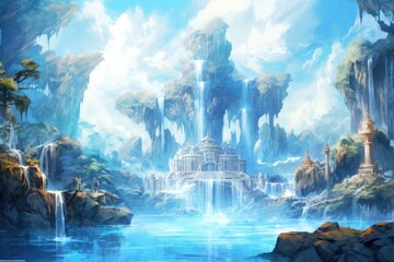 Wall Mural - Fantasy landscape with fantasy alien planet and sea. 3d rendering, A reimagined ancient sea waterfall in this illustration, sky-blue and brown gongbi, AI Generated