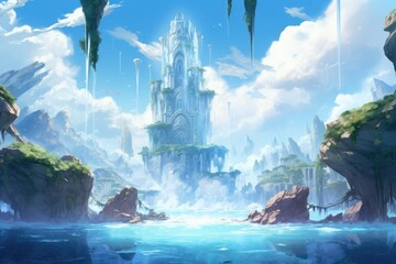 Fantasy landscape with waterfall and temple on the cliff. Digital painting, A reimagined ancient sea waterfall in this illustration, sky-blue and brown, intricate landscapes, AI Generated