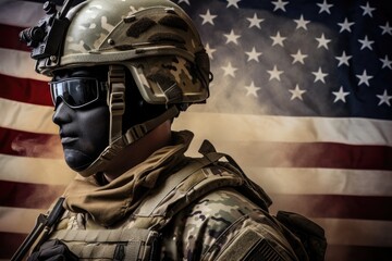 Wall Mural - Portrait of a soldier in military uniform and goggles. American flag background, A soldier wearing a modern helmet and equipment, side view, American flag in the background, AI Generated