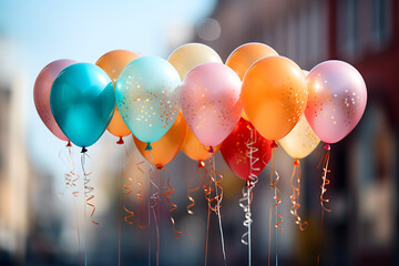 birthday party balloons, colourful balloons background and birthday cake with candles	