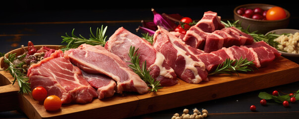 Wall Mural - Lamb meat chops on wooden tray with green herbs and spices.