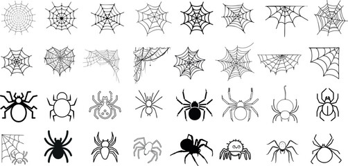 Wall Mural - Spider, Web Vector Illustration Collection Various Styles and Shapes. Spiders, webs are Perfect for Halloween, Web Design, Features Arachnids, Arthropods, Creepy Crawly Insects, Spiderwebs, Cobwebs
