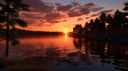 Wall Mural - Lakeside Reflection sunset reflecting on a calm lake. Generative ai