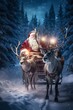 a photo of Santa clause in a sleigh with 2 reindeers, snowy winter landscape at night, cozy lighting