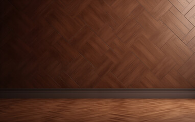 Wall Mural - Dark brown wooden wall mock up with copy space in retro style with brown parquet