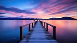 Fototapeta Sypialnia - A wooden pier stretches out into the water at sunset. Generative AI.