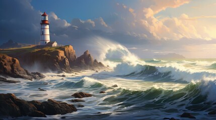 Wall Mural - A lighthouse on the coast with waves crashing into it. Generative AI.