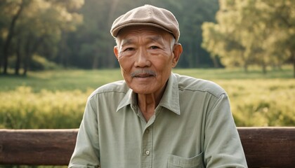 Sticker - An old man of Asian appearance in a cap on the background of nature