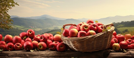 Poster - Apple orchard with apples in a basket, set against a backdrop of a landscape.