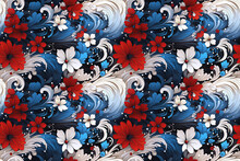 Floral Seamless Texture Pattern With Red Blue Flowers On White Background For Traditional Carpet And Fabric Decor