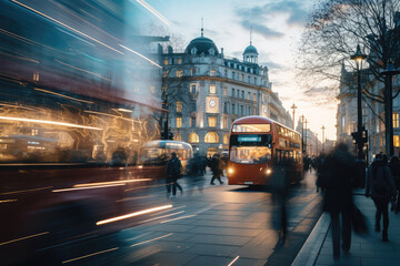 Poster - European evening street scenery, moving buses and pedestrians