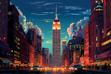 New York City Street Scene With Skyscrapers And Traffic. Vector Illustration