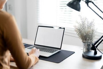 Fototapete - Back view of business woman using laptop computer at home office, mock up blank white screen.