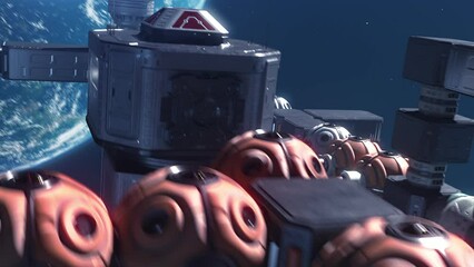 Wall Mural - a modular spacecraft flying in space orbiting a planet