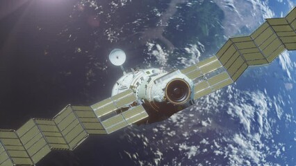 Wall Mural - a spaceship flying in space orbiting a planet