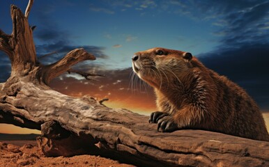 Sticker - A groundhog is sitting on a log in the desert. Generative AI.