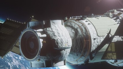 Wall Mural - a spaceship flying in space orbiting a planet