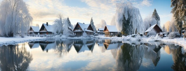 Winter landscape with houses and trees in the snow. Generative AI.