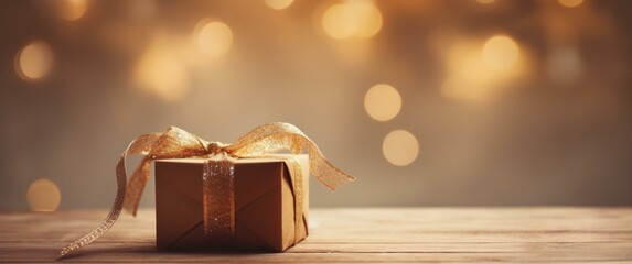 Poster - Gift box with ribbon and bow on wooden table with bokeh lights. Generative AI.