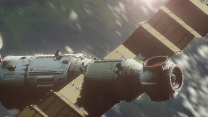 Wall Mural - a spaceship flying in space orbiting a planet