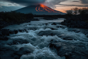 A stream of lava from a volcano flows into a river